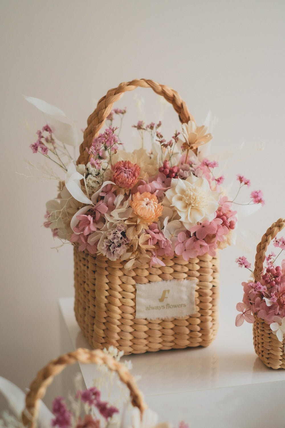 Flower BAG No.3 /スクエアカゴバッグ フェリークピンク/ドライ・プリザーブドフラワー
