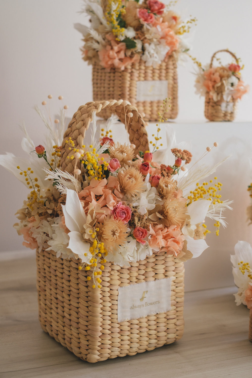 ◆季節限定デザイン◆Flower BAG No.3 /スクエアカゴバッグ ミモザポケット/ドライ・プリザーブドフラワー