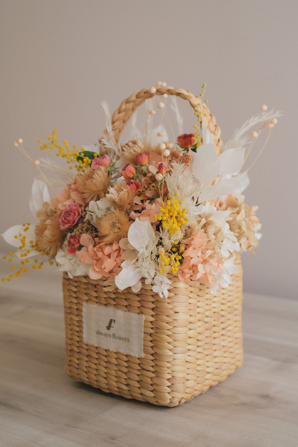 ◆季節限定デザイン◆Flower BAG No.3 /スクエアカゴバッグ ミモザポケット/ドライ・プリザーブドフラワー