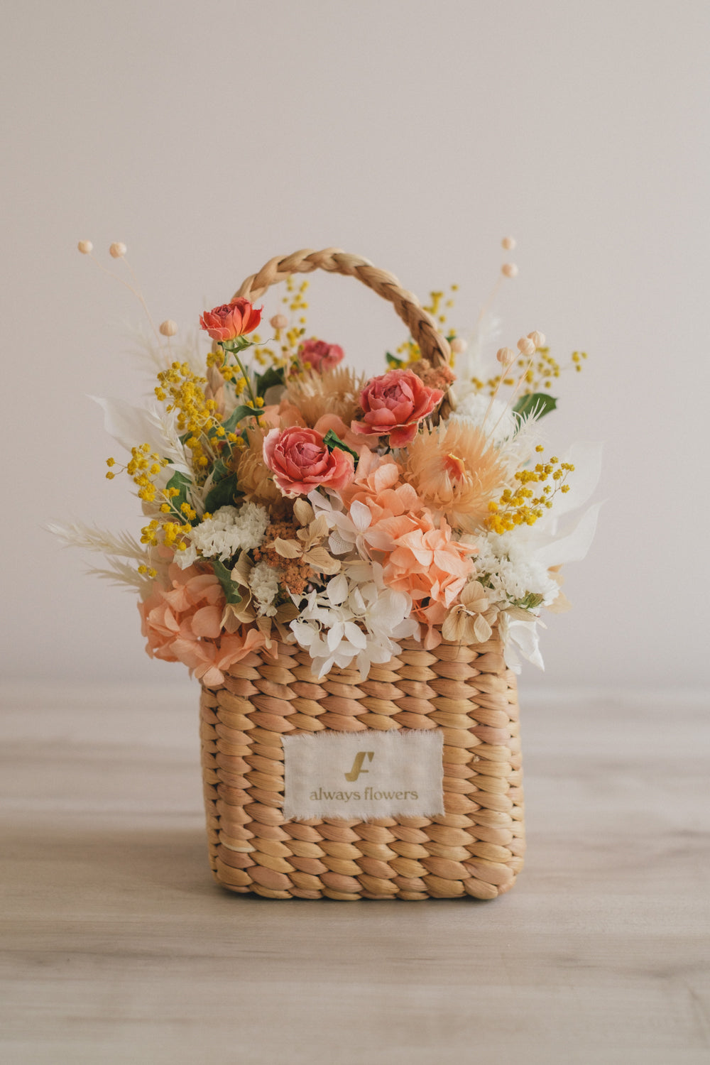 ◆季節限定デザイン◆Flower BAG No.3 /スクエアカゴバッグ ミモザポケット/ドライ・プリザーブドフラワー