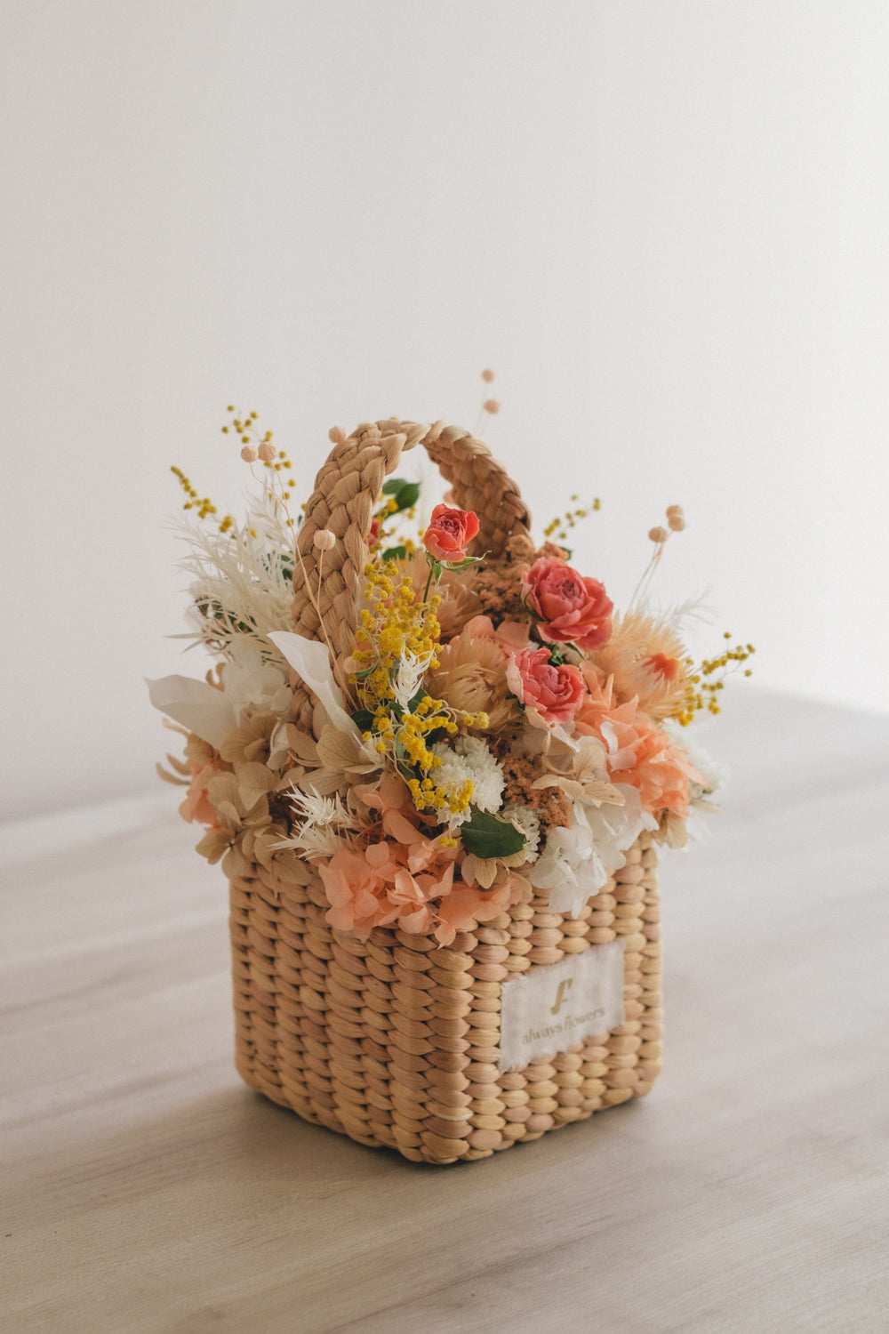 ◆季節限定デザイン◆Flower BAG No.3 /スクエアカゴバッグ ミモザポケット/ドライ・プリザーブドフラワー