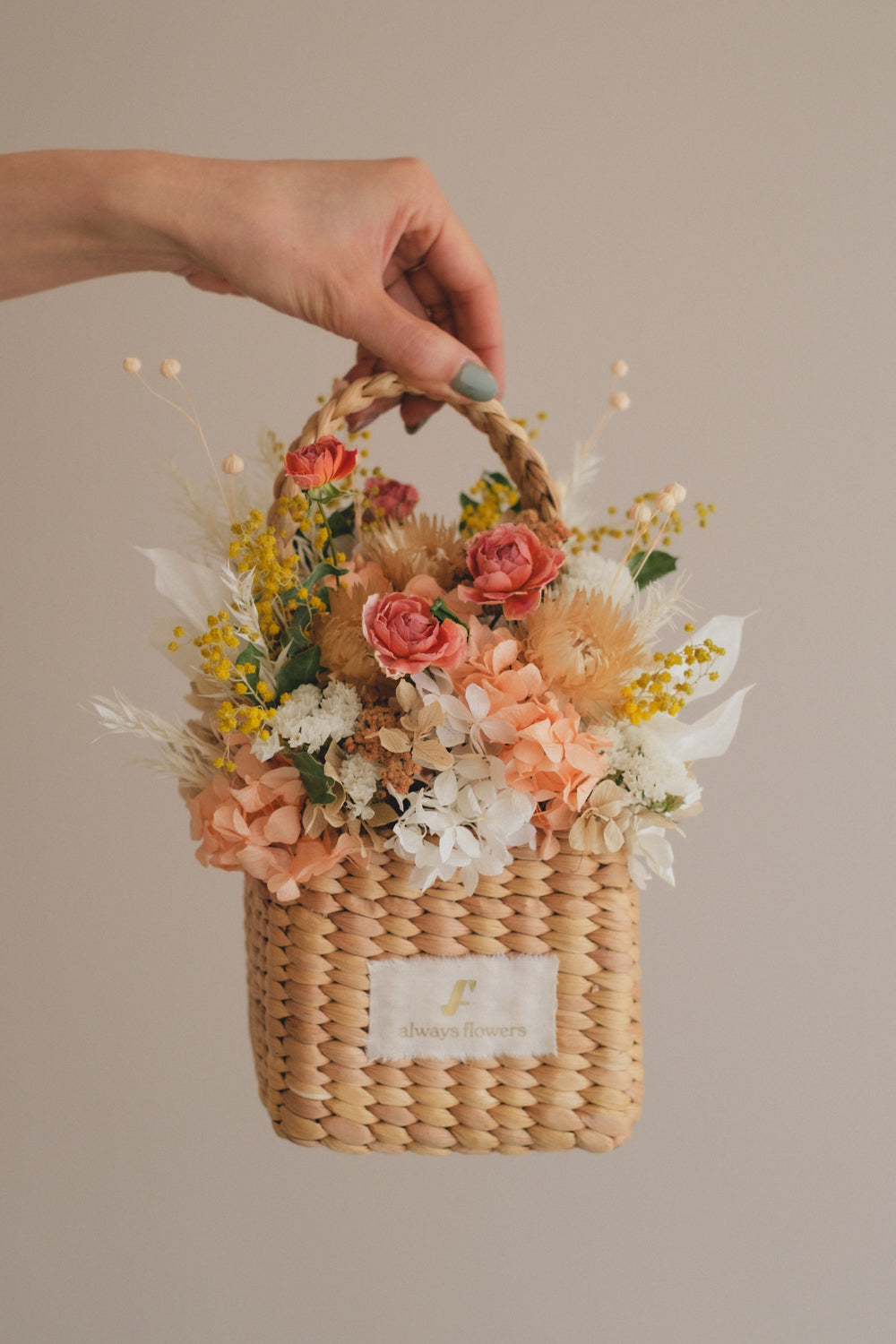 ◆季節限定デザイン◆Flower BAG No.3 /スクエアカゴバッグ ミモザポケット/ドライ・プリザーブドフラワー