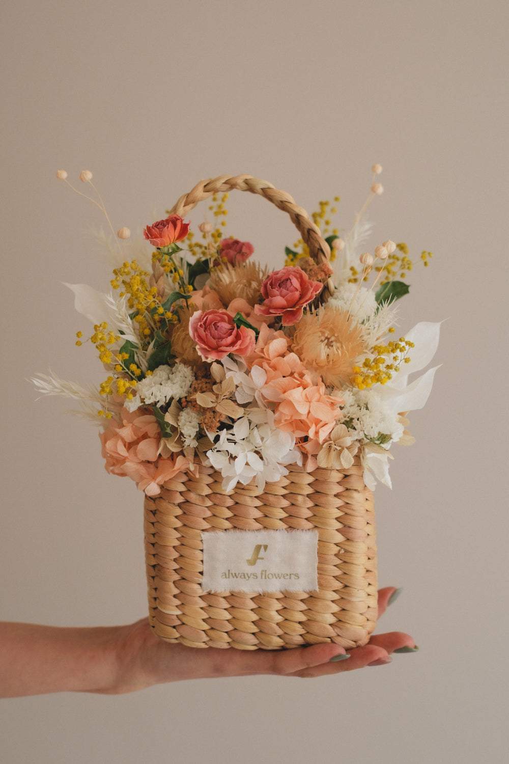 ◆季節限定デザイン◆Flower BAG No.3 /スクエアカゴバッグ ミモザポケット/ドライ・プリザーブドフラワー