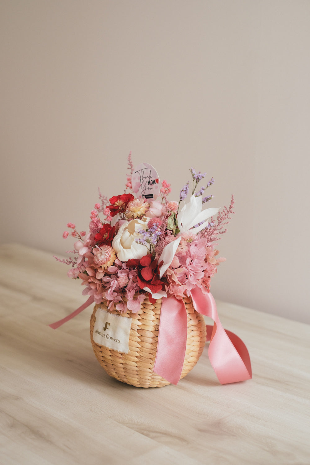 ◆数量限定◆Flower BAG No.2/カゴバッグアレンジ 5 Mom’s Colors Pink/ピンク ドライ&プリザーブドフラワー