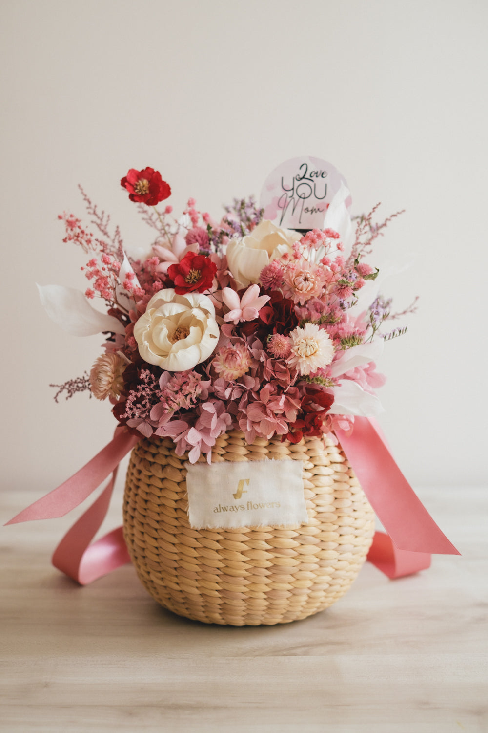 ◆数量限定◆Flower BAG No.2/カゴバッグアレンジ 5 Mom’s Colors Pink/ピンク ドライ&プリザーブドフラワー