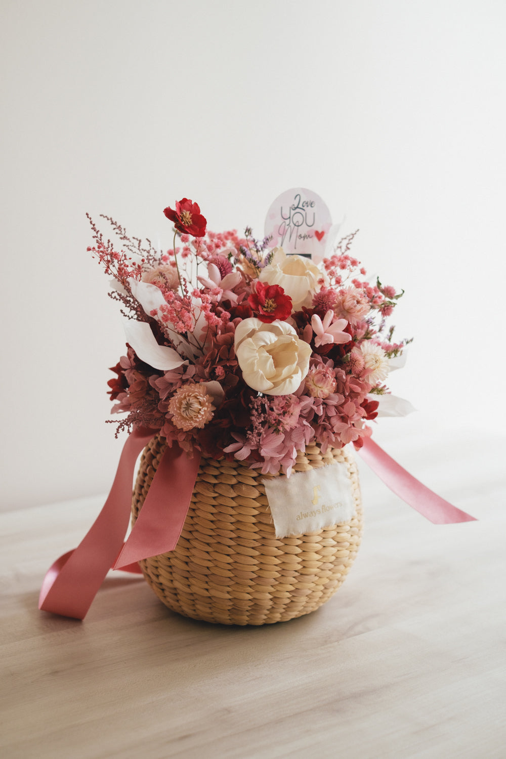 ◆数量限定◆Flower BAG No.2/カゴバッグアレンジ 5 Mom’s Colors Pink/ピンク ドライ&プリザーブドフラワー