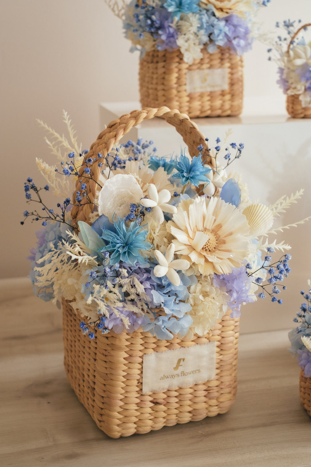 ◆季節限定デザイン◆Flower BAG No.3 /スクエアカゴバッグ コフレブルー/ドライ・プリザーブドフラワー