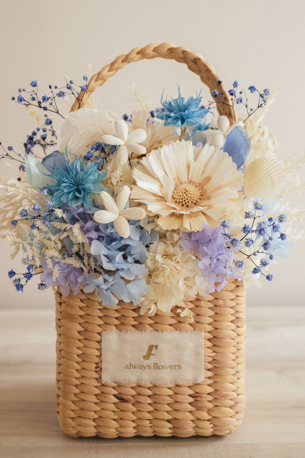 ◆季節限定デザイン◆Flower BAG No.3 /スクエアカゴバッグ コフレブルー/ドライ・プリザーブドフラワー