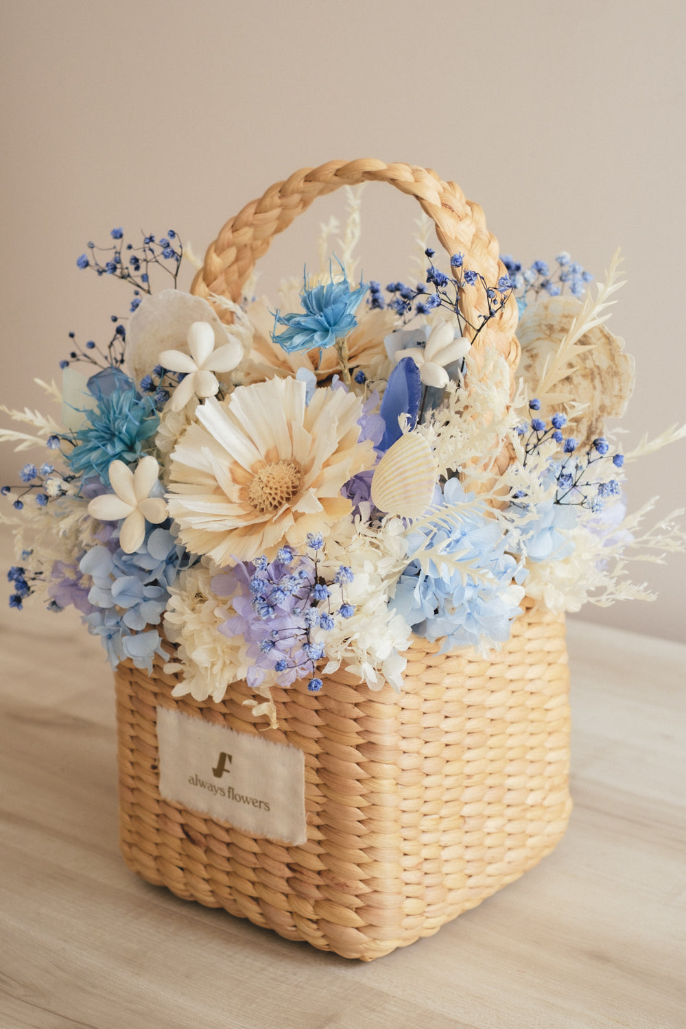 ◆季節限定デザイン◆Flower BAG No.3 /スクエアカゴバッグ コフレブルー/ドライ・プリザーブドフラワー