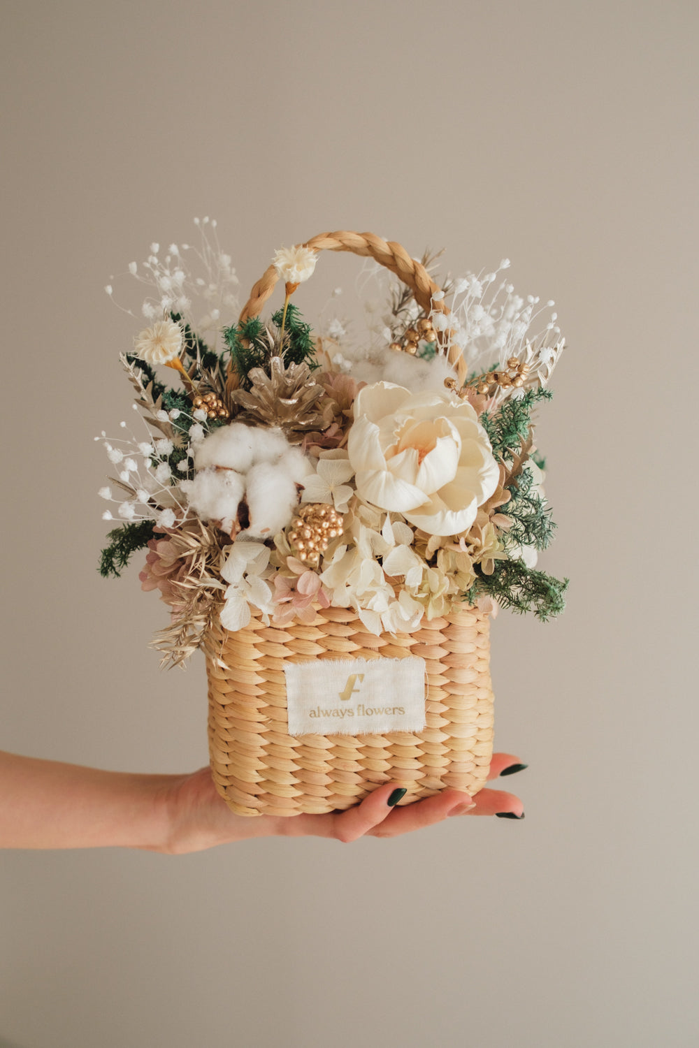 ◆クリスマス限定デザイン◆Flower BAG No.3 /スクエアカゴバッグ シャイニングスノー/ドライ・プリザーブドフラワー