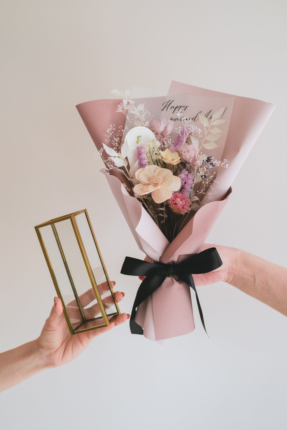 Message Bouquet &amp; Flower Vase／メッセージブーケ＆花器セット クラシックピンク／ドライ・プリザーブドフラワー