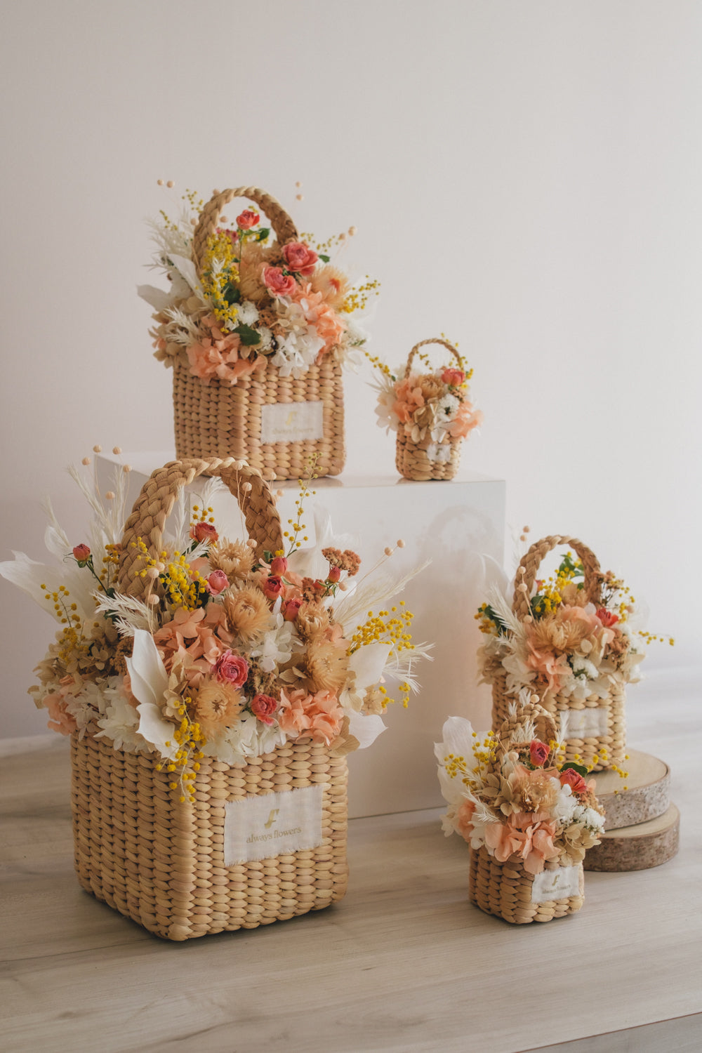 ◆季節限定デザイン◆Flower BAG No.3 ／スクエアカゴバッグ　ミモザポケット／ドライ・プリザーブドフラワー