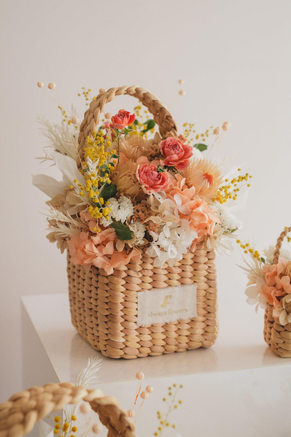 ◆季節限定デザイン◆Flower BAG No.3 ／スクエアカゴバッグ　ミモザポケット／ドライ・プリザーブドフラワー