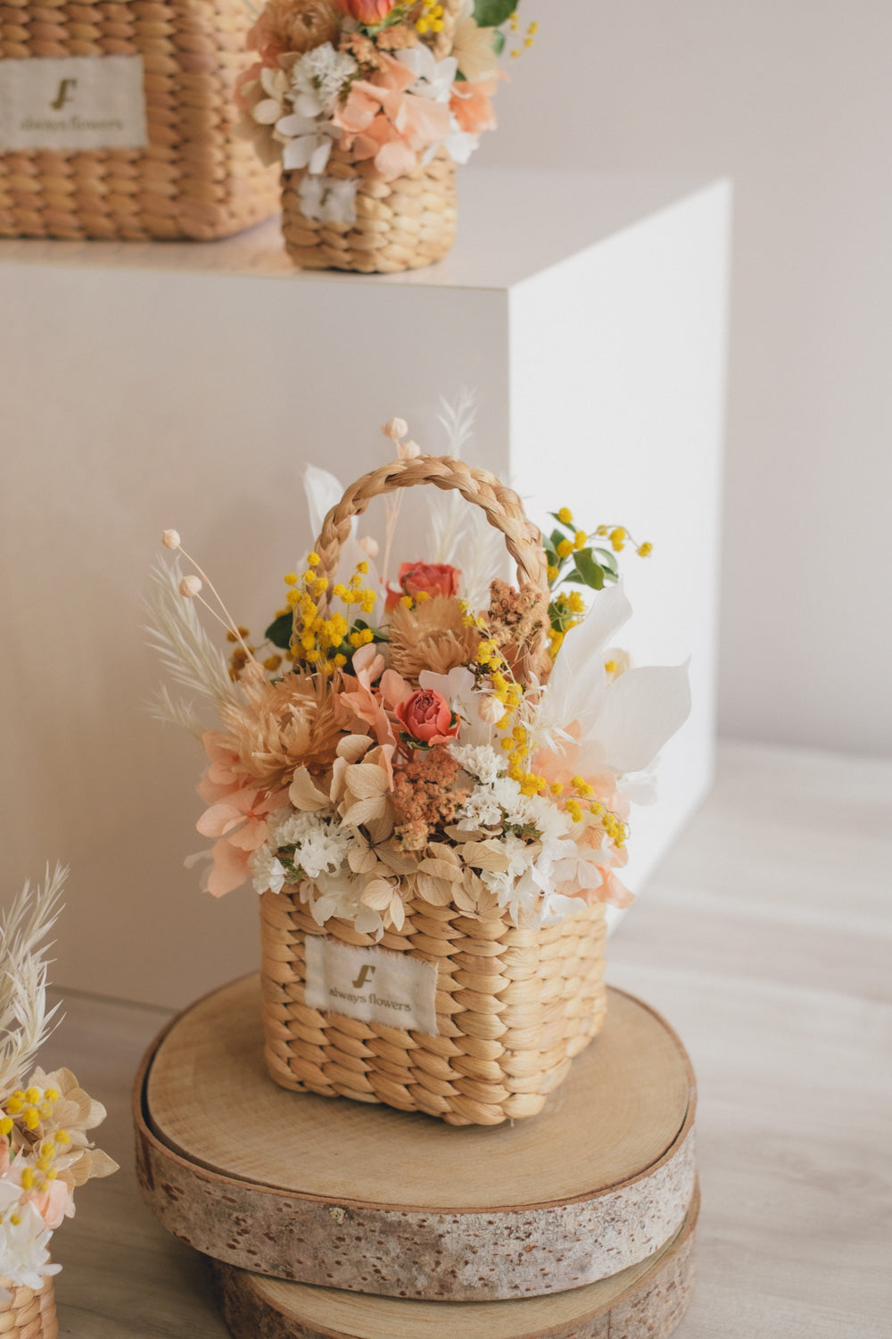 ◆季節限定デザイン◆Flower BAG No.3 ／スクエアカゴバッグ　ミモザポケット／ドライ・プリザーブドフラワー