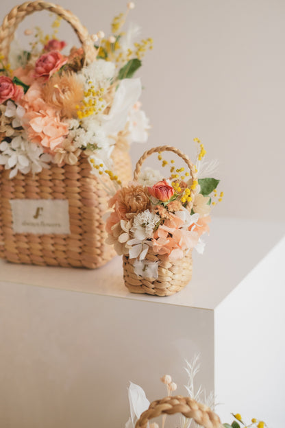 ◆季節限定デザイン◆Flower BAG No.3 ／スクエアカゴバッグ　ミモザポケット／ドライ・プリザーブドフラワー