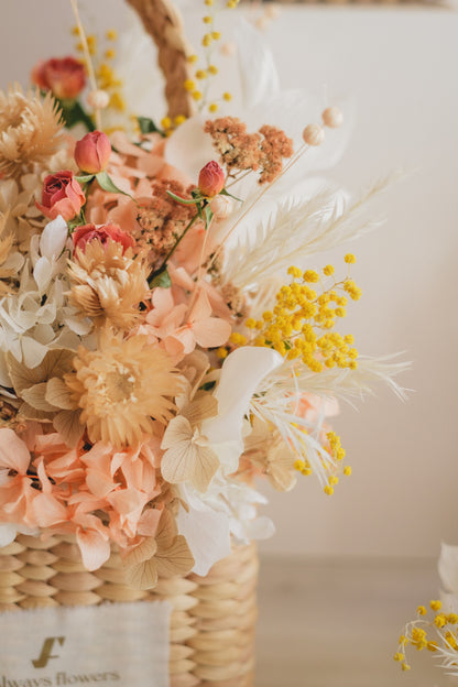 ◆季節限定デザイン◆Flower BAG No.3 ／スクエアカゴバッグ　ミモザポケット／ドライ・プリザーブドフラワー