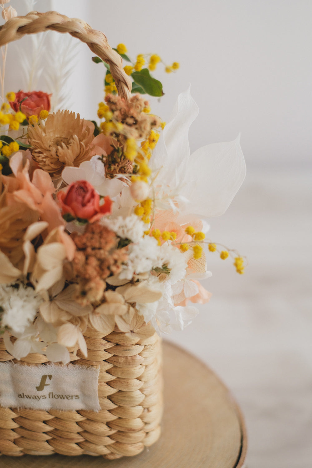 ◆季節限定デザイン◆Flower BAG No.3 ／スクエアカゴバッグ　ミモザポケット／ドライ・プリザーブドフラワー