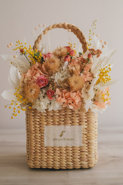 ◆季節限定デザイン◆Flower BAG No.3 ／スクエアカゴバッグ　ミモザポケット／ドライ・プリザーブドフラワー