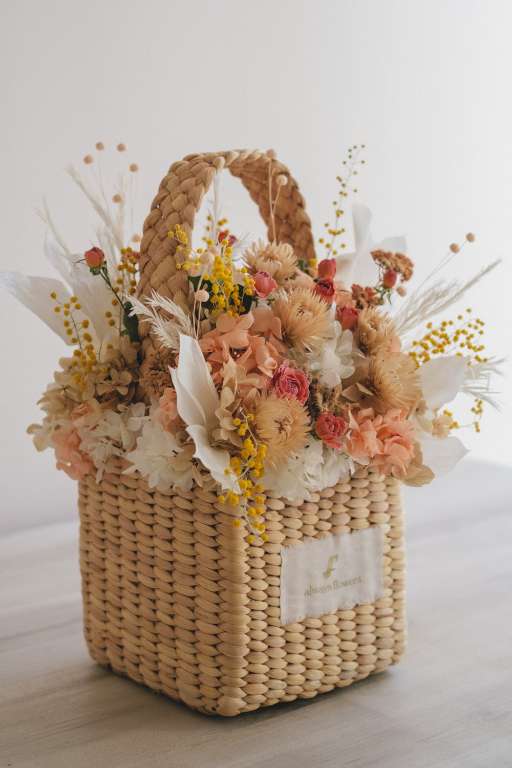 ◆季節限定デザイン◆Flower BAG No.3 ／スクエアカゴバッグ　ミモザポケット／ドライ・プリザーブドフラワー