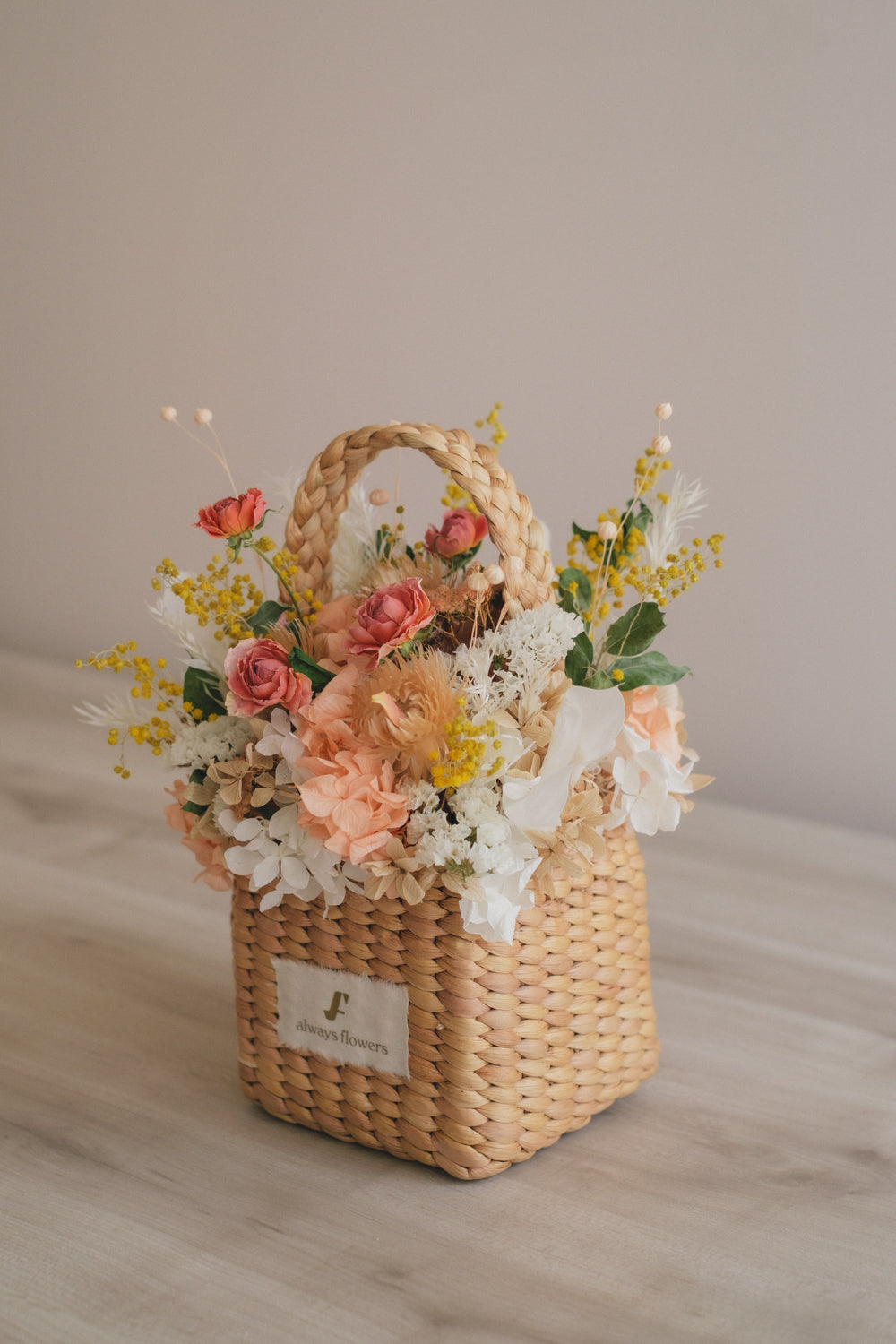 ◆季節限定デザイン◆Flower BAG No.3 ／スクエアカゴバッグ　ミモザポケット／ドライ・プリザーブドフラワー