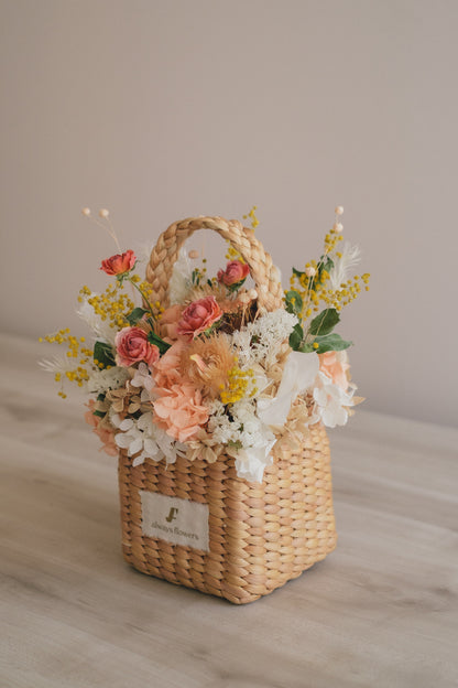 ◆季節限定デザイン◆Flower BAG No.3 ／スクエアカゴバッグ　ミモザポケット／ドライ・プリザーブドフラワー