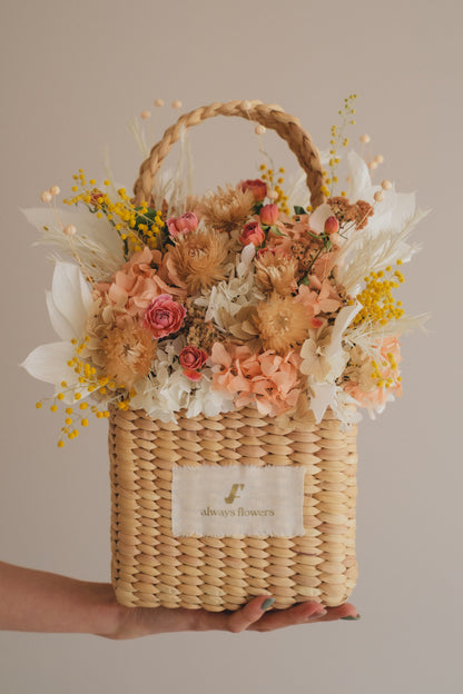 ◆季節限定デザイン◆Flower BAG No.3 ／スクエアカゴバッグ　ミモザポケット／ドライ・プリザーブドフラワー