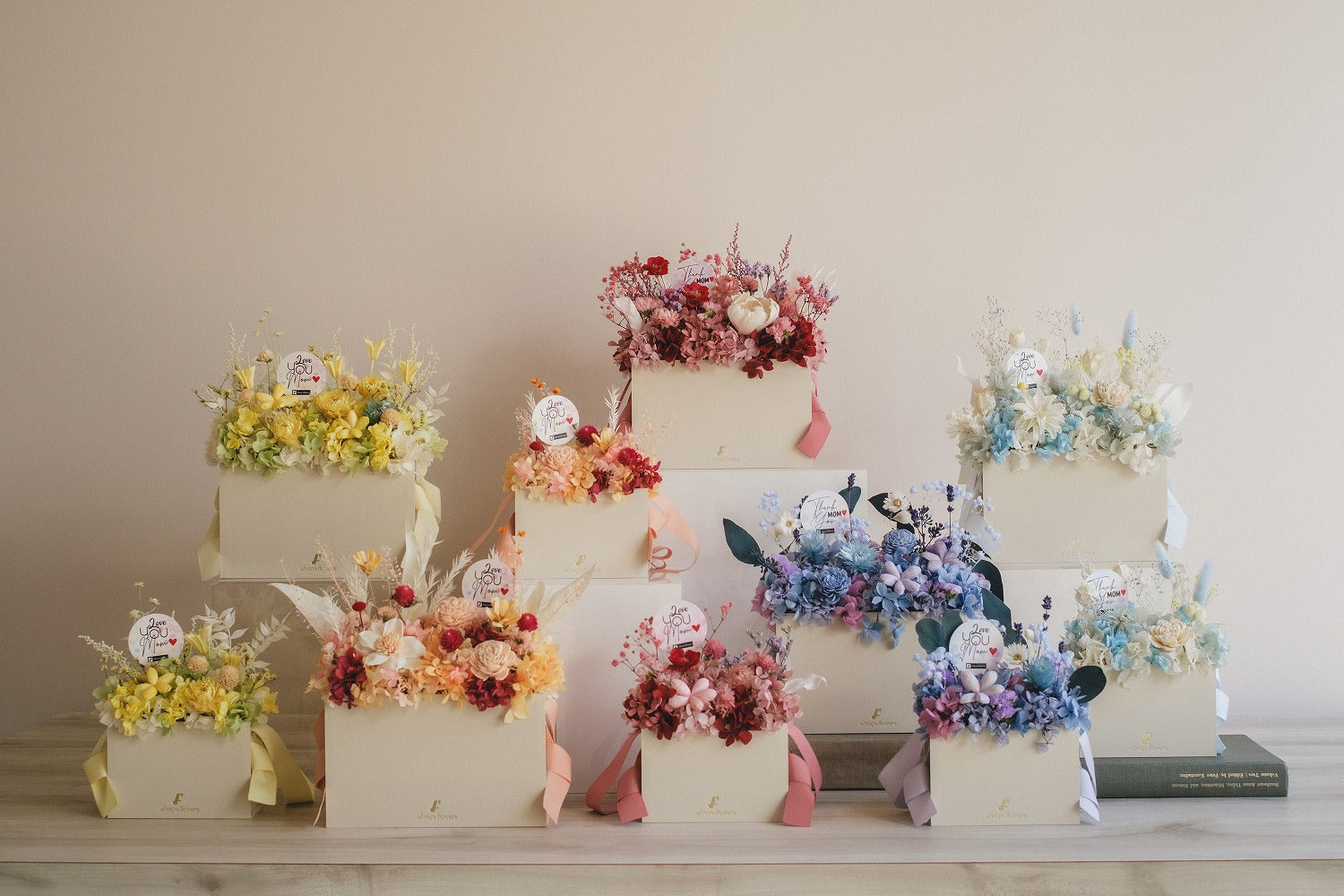 ◆母の日限定◆Flower BAG No.1／フラワーバッグアレンジ　5 Mom’s Colors White／ホワイト　ドライ&amp;プリザーブドフラワー