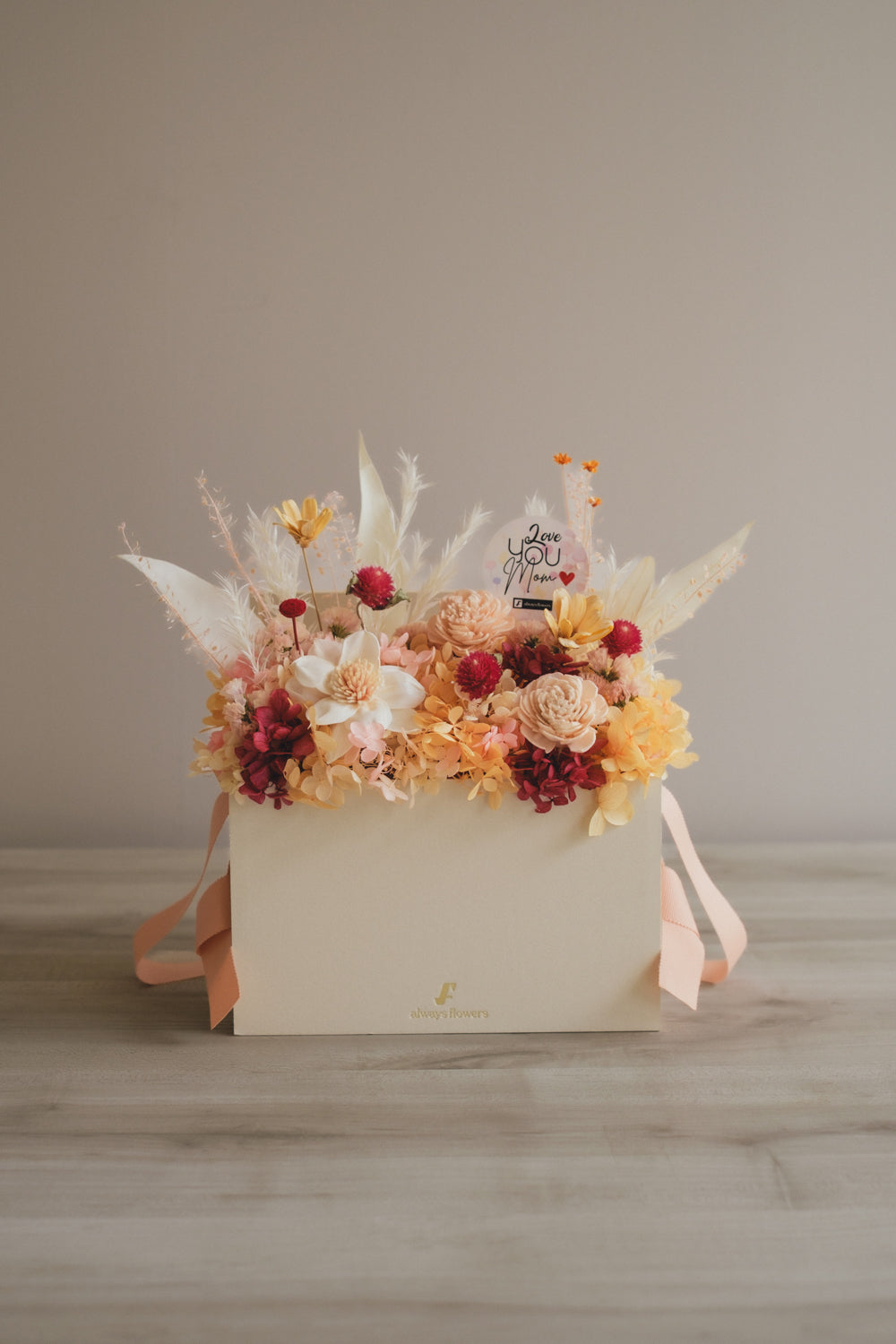 ◆母の日限定◆Flower BAG No.1／フラワーバッグアレンジ　5 Mom’s Colors Orange／オレンジ　ドライ&amp;プリザーブドフラワー