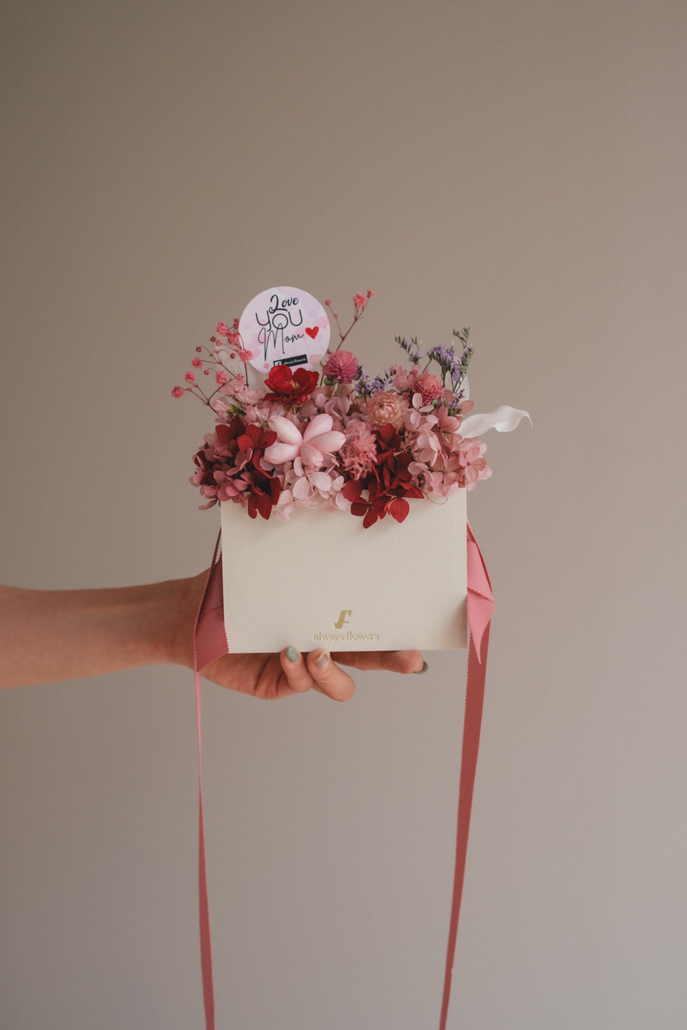 ◆母の日限定◆Flower BAG No.1／フラワーバッグアレンジ　5 Mom’s Colors  Pink／ピンク　ドライ&amp;プリザーブドフラワー