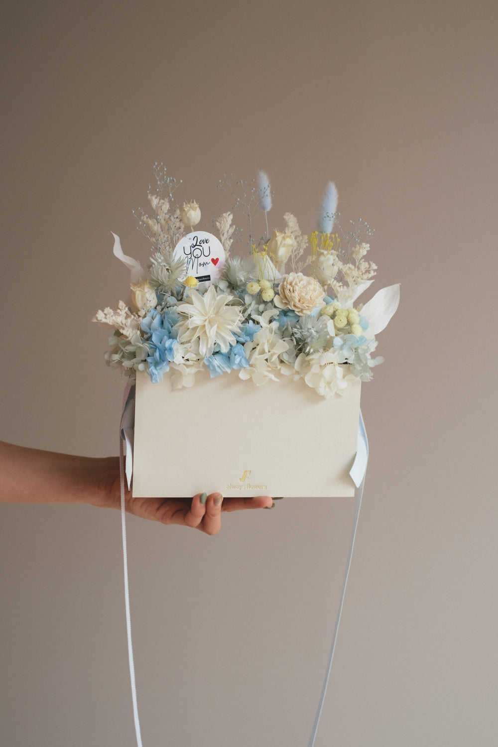 ◆母の日限定◆Flower BAG No.1／フラワーバッグアレンジ　5 Mom’s Colors White／ホワイト　ドライ&amp;プリザーブドフラワー