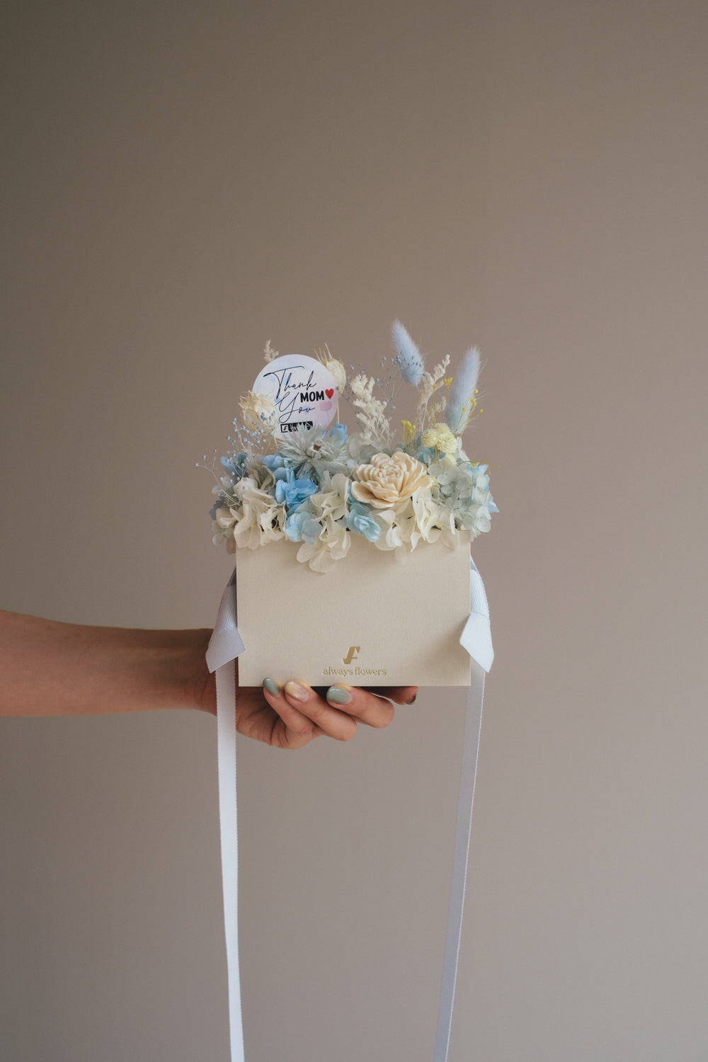 ◆母の日限定◆Flower BAG No.1／フラワーバッグアレンジ　5 Mom’s Colors White／ホワイト　ドライ&amp;プリザーブドフラワー