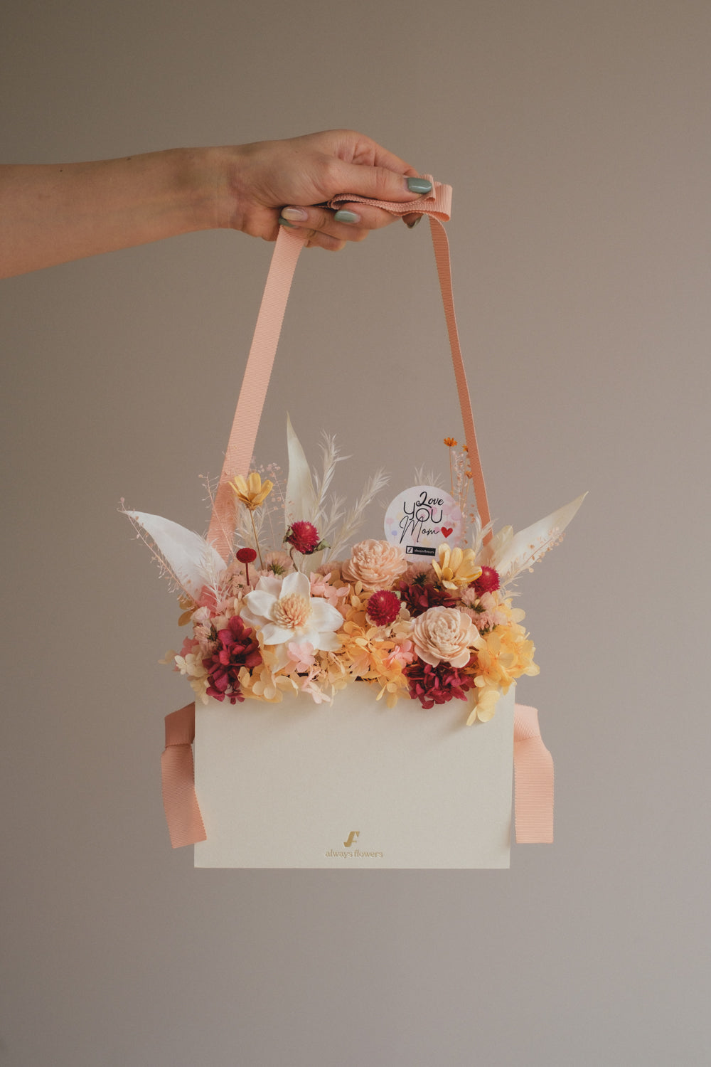 ◆母の日限定◆Flower BAG No.1／フラワーバッグアレンジ　5 Mom’s Colors Orange／オレンジ　ドライ&amp;プリザーブドフラワー