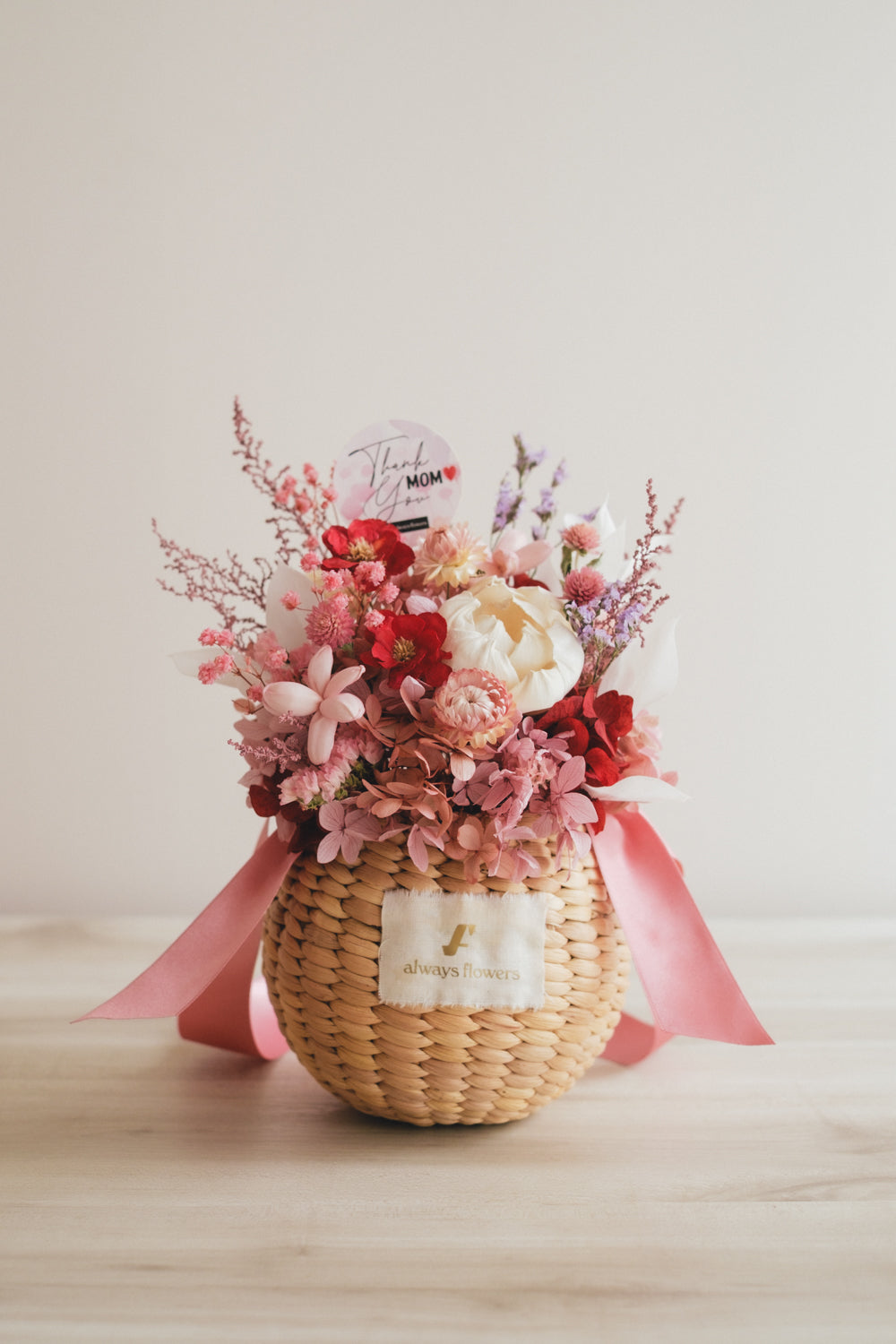◆数量限定◆Flower BAG No.2／カゴバッグアレンジ　5 Mom’s Colors Pink／ピンク　ドライ&amp;プリザーブドフラワー