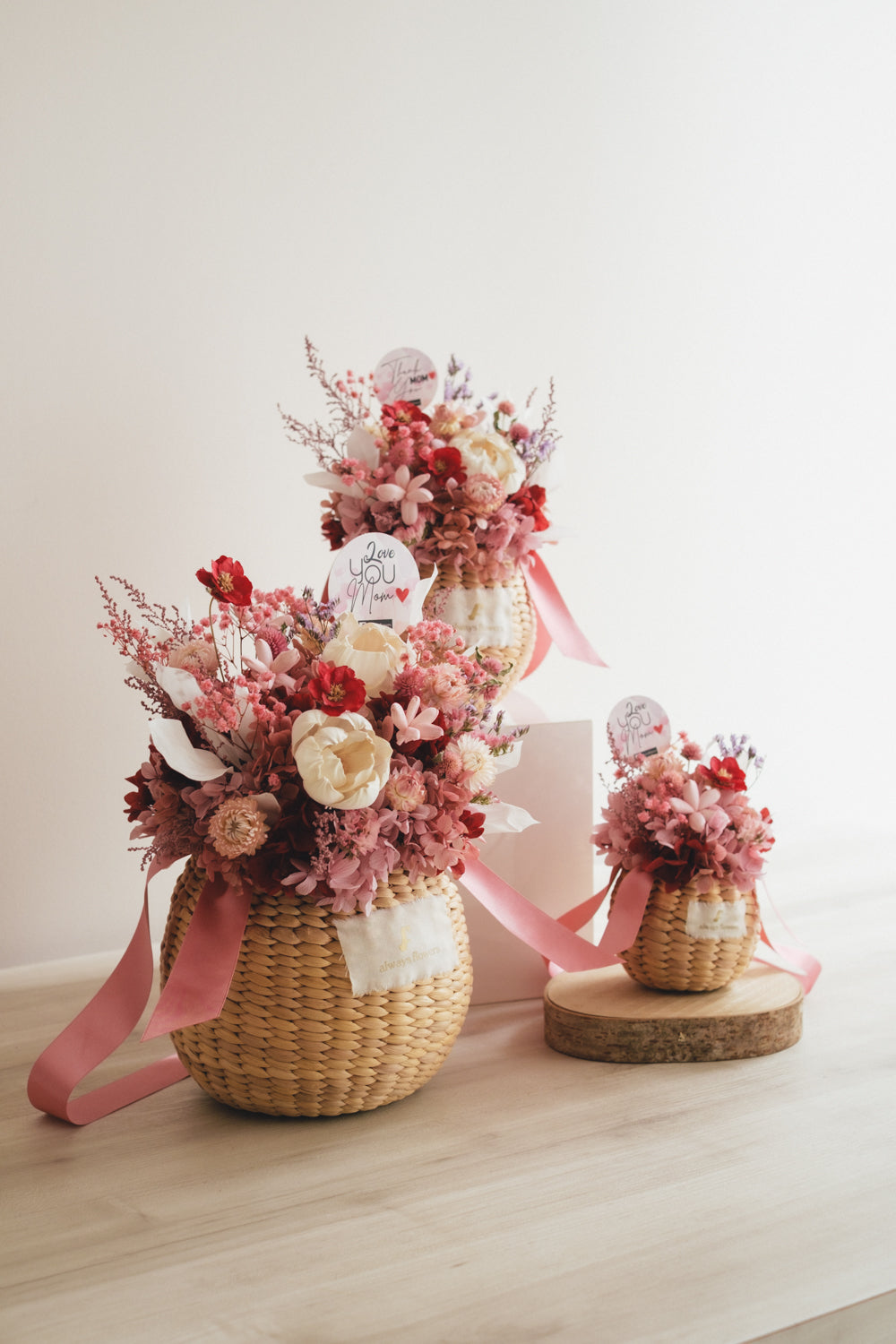 ◆数量限定◆Flower BAG No.2／カゴバッグアレンジ　5 Mom’s Colors Pink／ピンク　ドライ&amp;プリザーブドフラワー