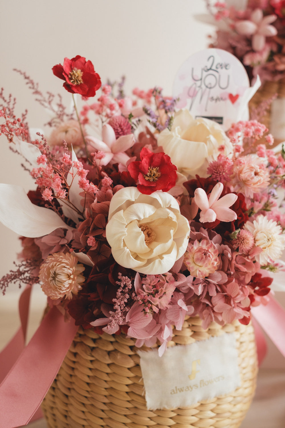 ◆数量限定◆Flower BAG No.2／カゴバッグアレンジ　5 Mom’s Colors Pink／ピンク　ドライ&amp;プリザーブドフラワー