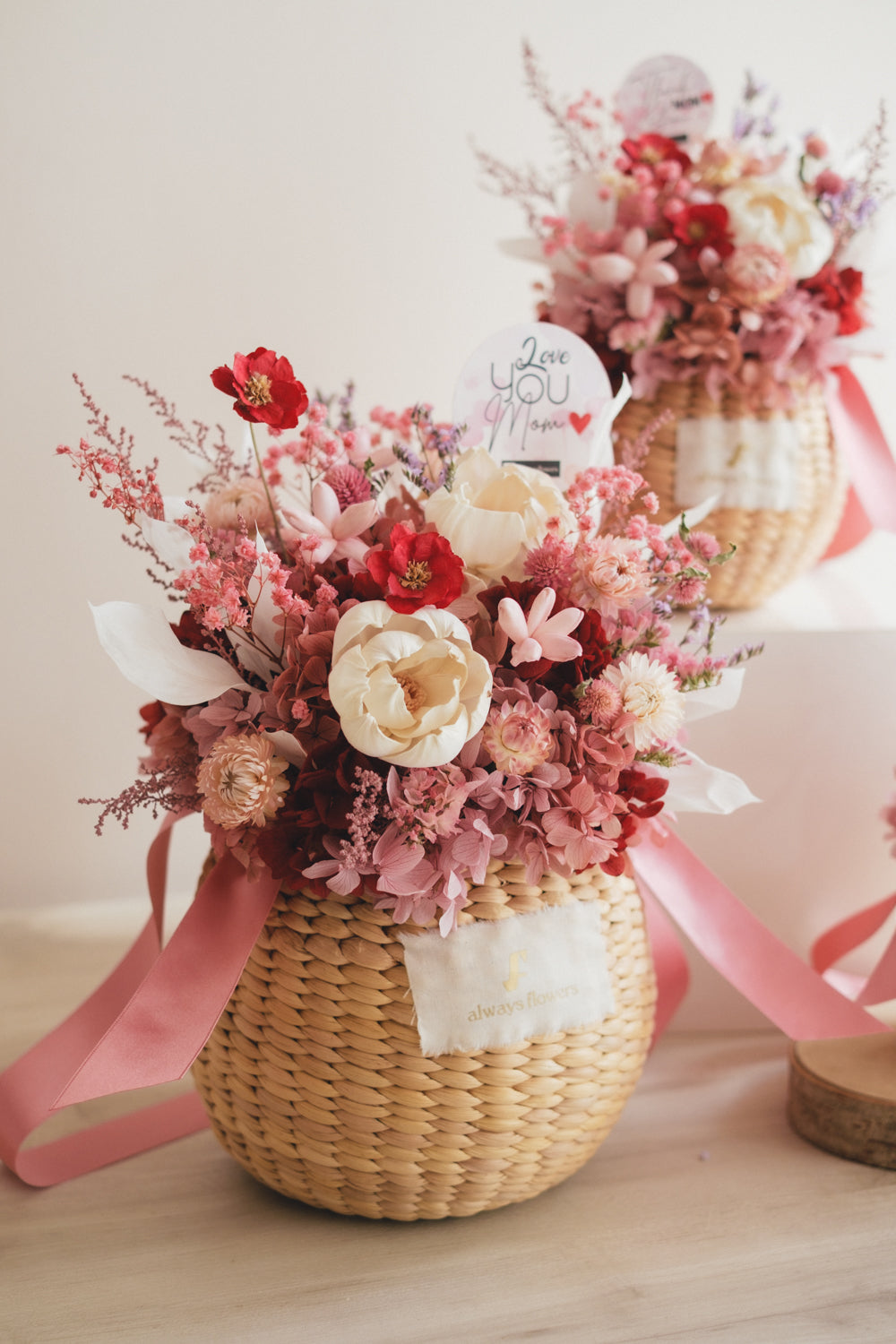 ◆数量限定◆Flower BAG No.2／カゴバッグアレンジ　5 Mom’s Colors Pink／ピンク　ドライ&amp;プリザーブドフラワー