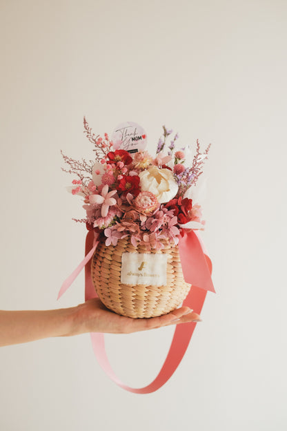 ◆数量限定◆Flower BAG No.2／カゴバッグアレンジ　5 Mom’s Colors Pink／ピンク　ドライ&amp;プリザーブドフラワー