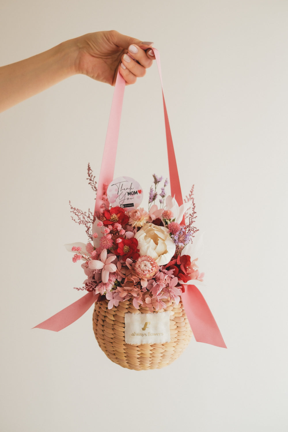 ◆数量限定◆Flower BAG No.2／カゴバッグアレンジ　5 Mom’s Colors Pink／ピンク　ドライ&amp;プリザーブドフラワー