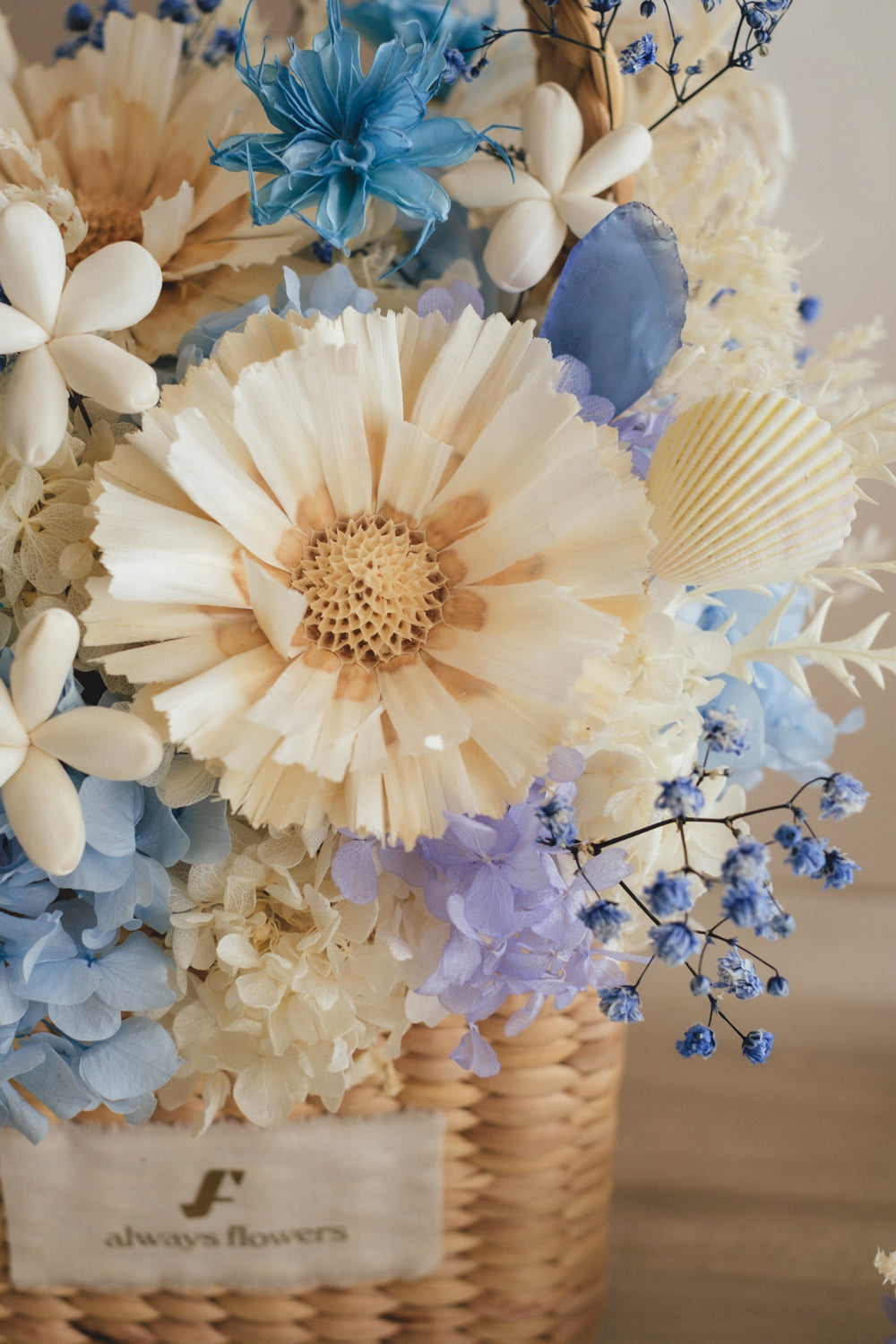◆季節限定デザイン◆Flower BAG No.3 ／スクエアカゴバッグ　コフレブルー／ドライ・プリザーブドフラワー
