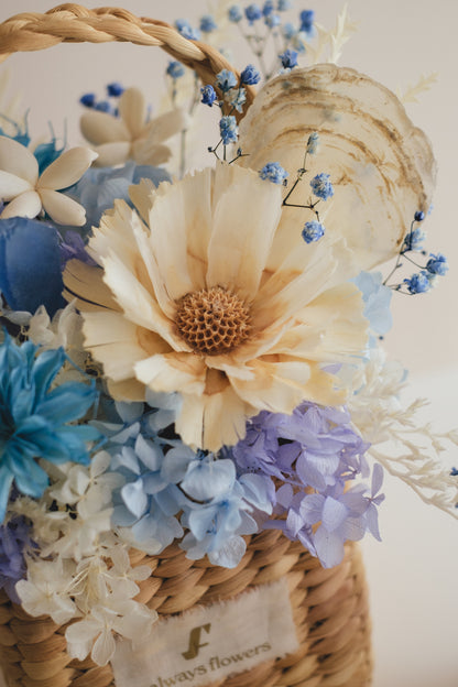 ◆季節限定デザイン◆Flower BAG No.3 ／スクエアカゴバッグ　コフレブルー／ドライ・プリザーブドフラワー