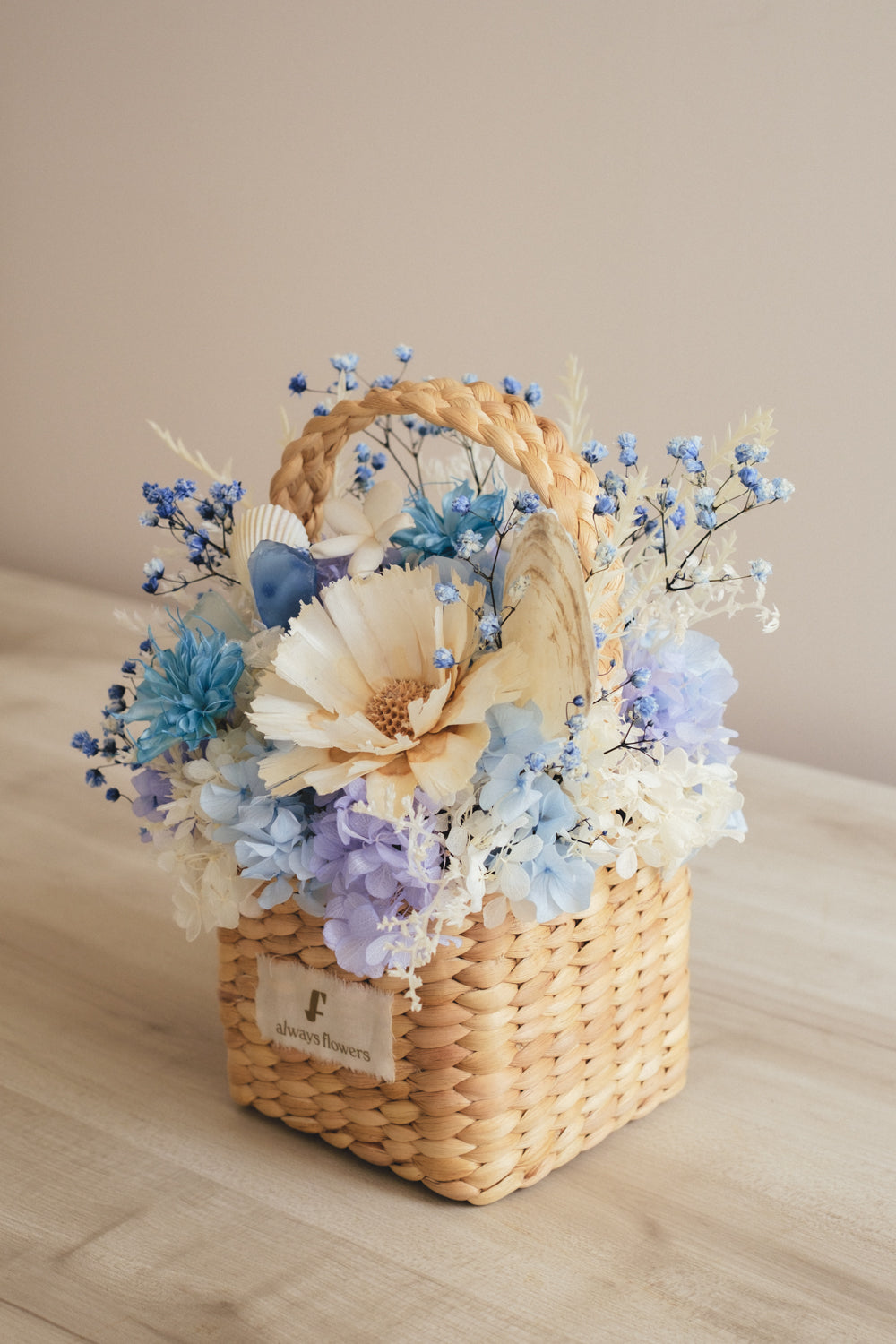 ◆季節限定デザイン◆Flower BAG No.3 ／スクエアカゴバッグ　コフレブルー／ドライ・プリザーブドフラワー