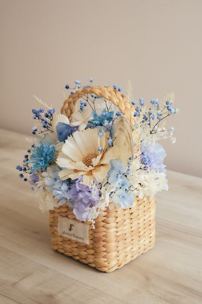 ◆季節限定デザイン◆Flower BAG No.3 ／スクエアカゴバッグ　コフレブルー／ドライ・プリザーブドフラワー
