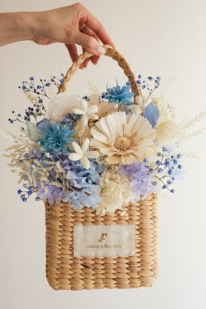 ◆季節限定デザイン◆Flower BAG No.3 ／スクエアカゴバッグ　コフレブルー／ドライ・プリザーブドフラワー