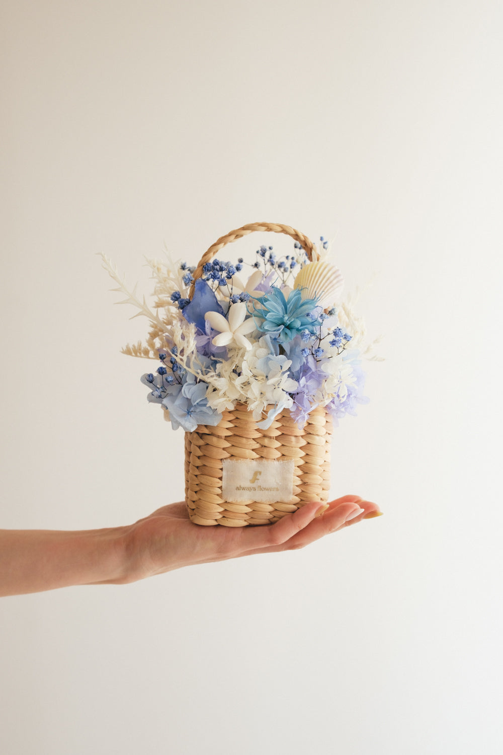 ◆季節限定デザイン◆Flower BAG No.3 ／スクエアカゴバッグ　コフレブルー／ドライ・プリザーブドフラワー