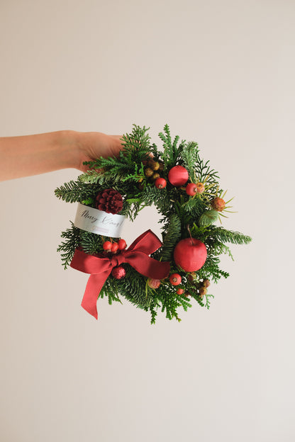 ◆11/26からお届け可能・クリスマス限定◆Round Wreath／ラウンドモミのリース　ウォームホリデー／生花