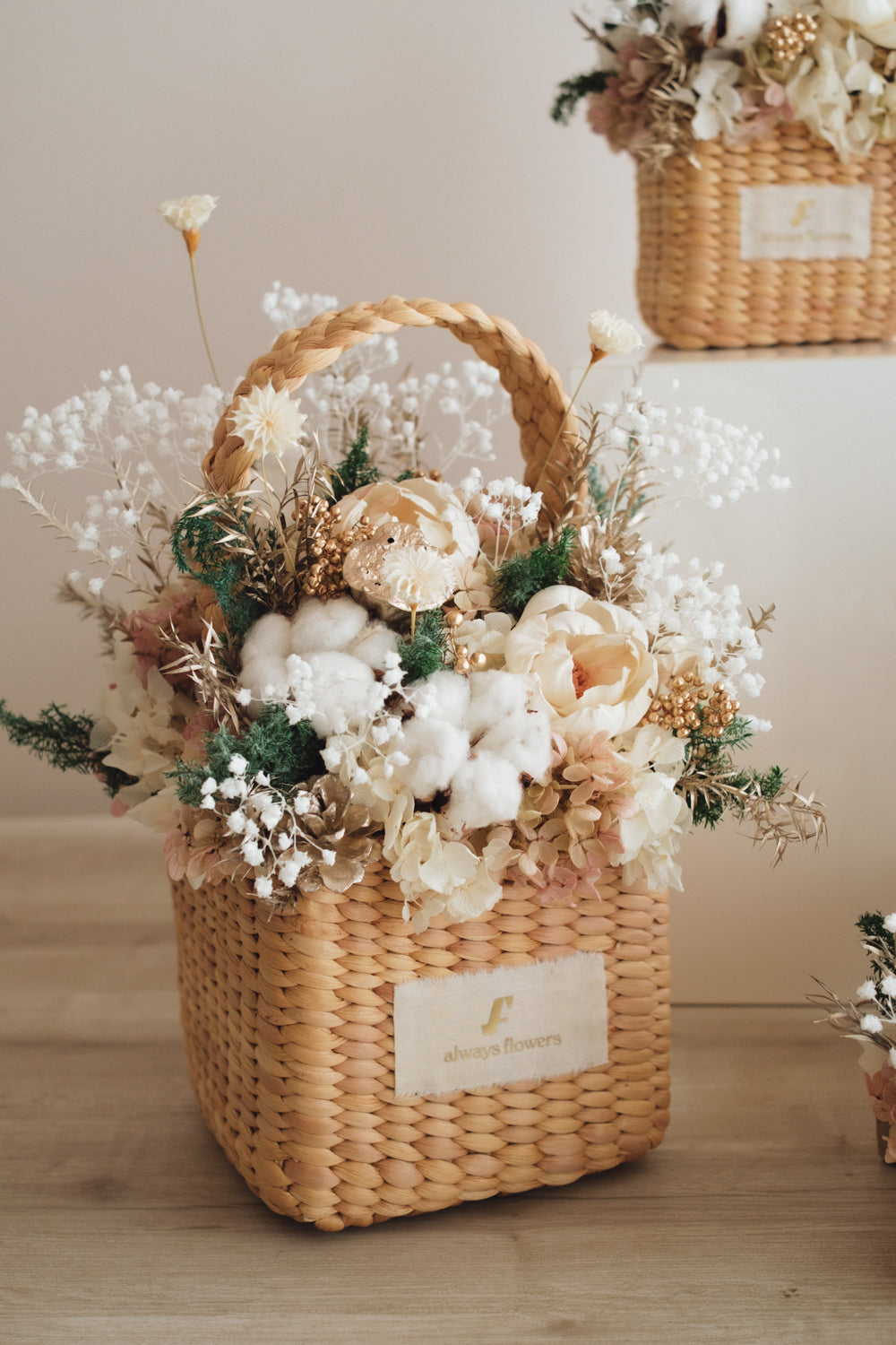 ◆クリスマス限定デザイン◆Flower BAG No.3 ／スクエアカゴバッグ　シャイニングスノー／ドライ・プリザーブドフラワー