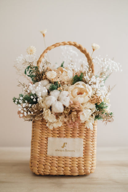 ◆クリスマス限定デザイン◆Flower BAG No.3 ／スクエアカゴバッグ　シャイニングスノー／ドライ・プリザーブドフラワー