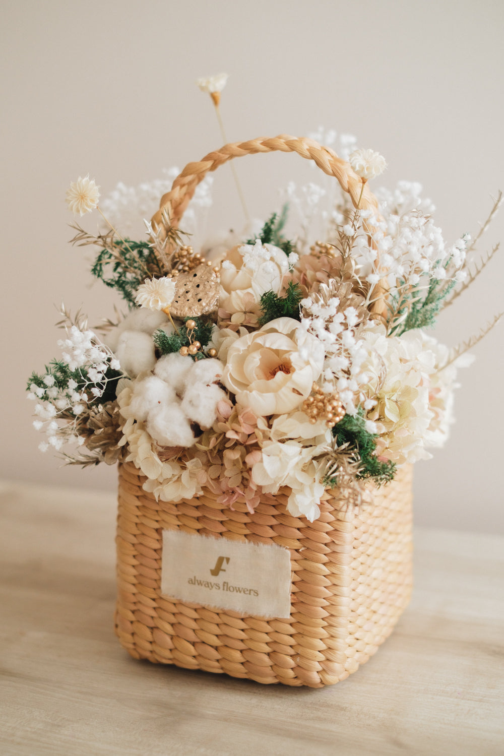 ◆クリスマス限定デザイン◆Flower BAG No.3 ／スクエアカゴバッグ　シャイニングスノー／ドライ・プリザーブドフラワー