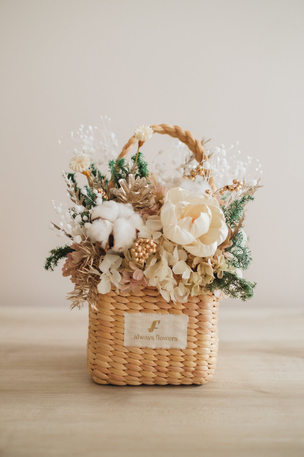 ◆クリスマス限定デザイン◆Flower BAG No.3 ／スクエアカゴバッグ　シャイニングスノー／ドライ・プリザーブドフラワー