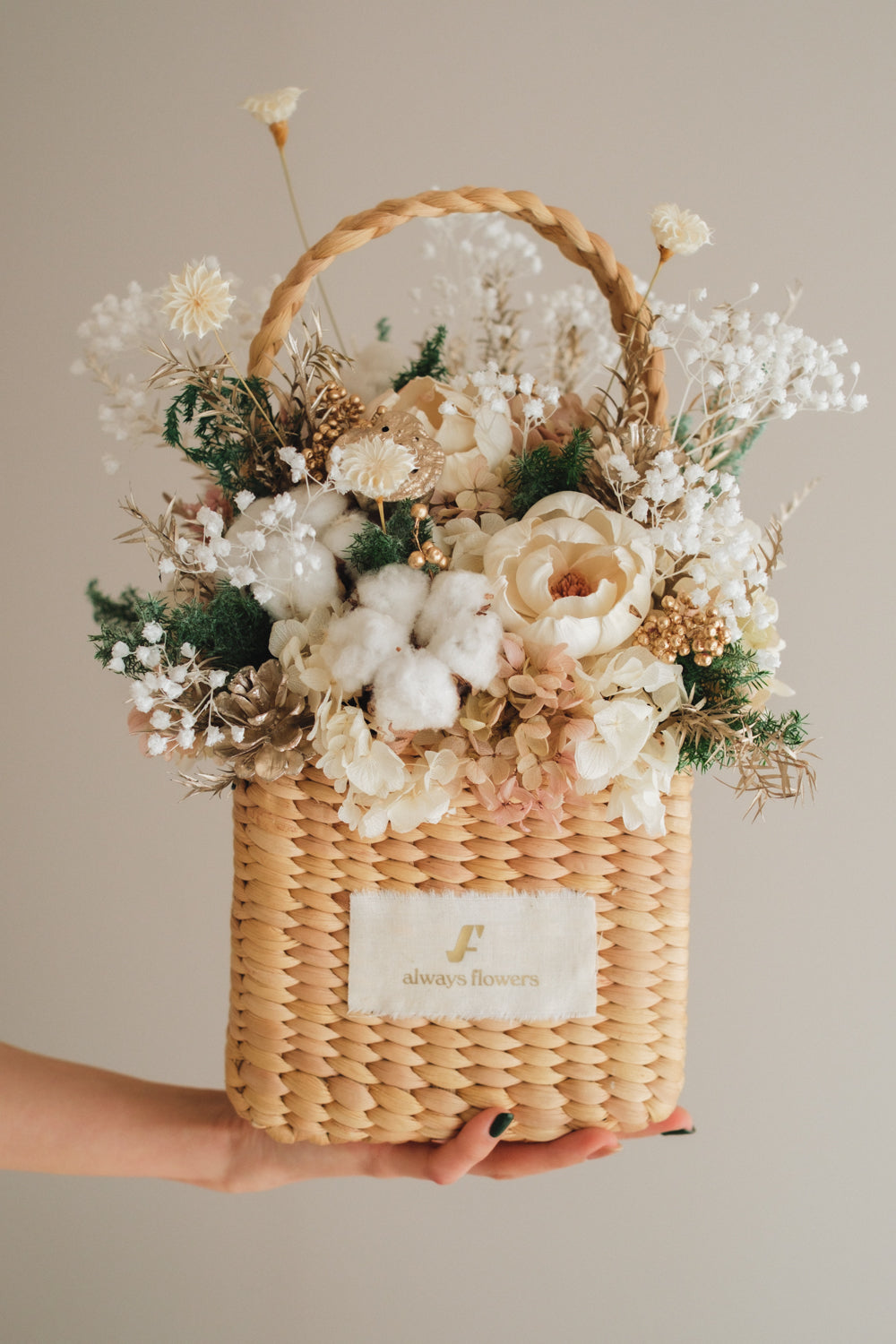 ◆クリスマス限定デザイン◆Flower BAG No.3 ／スクエアカゴバッグ　シャイニングスノー／ドライ・プリザーブドフラワー